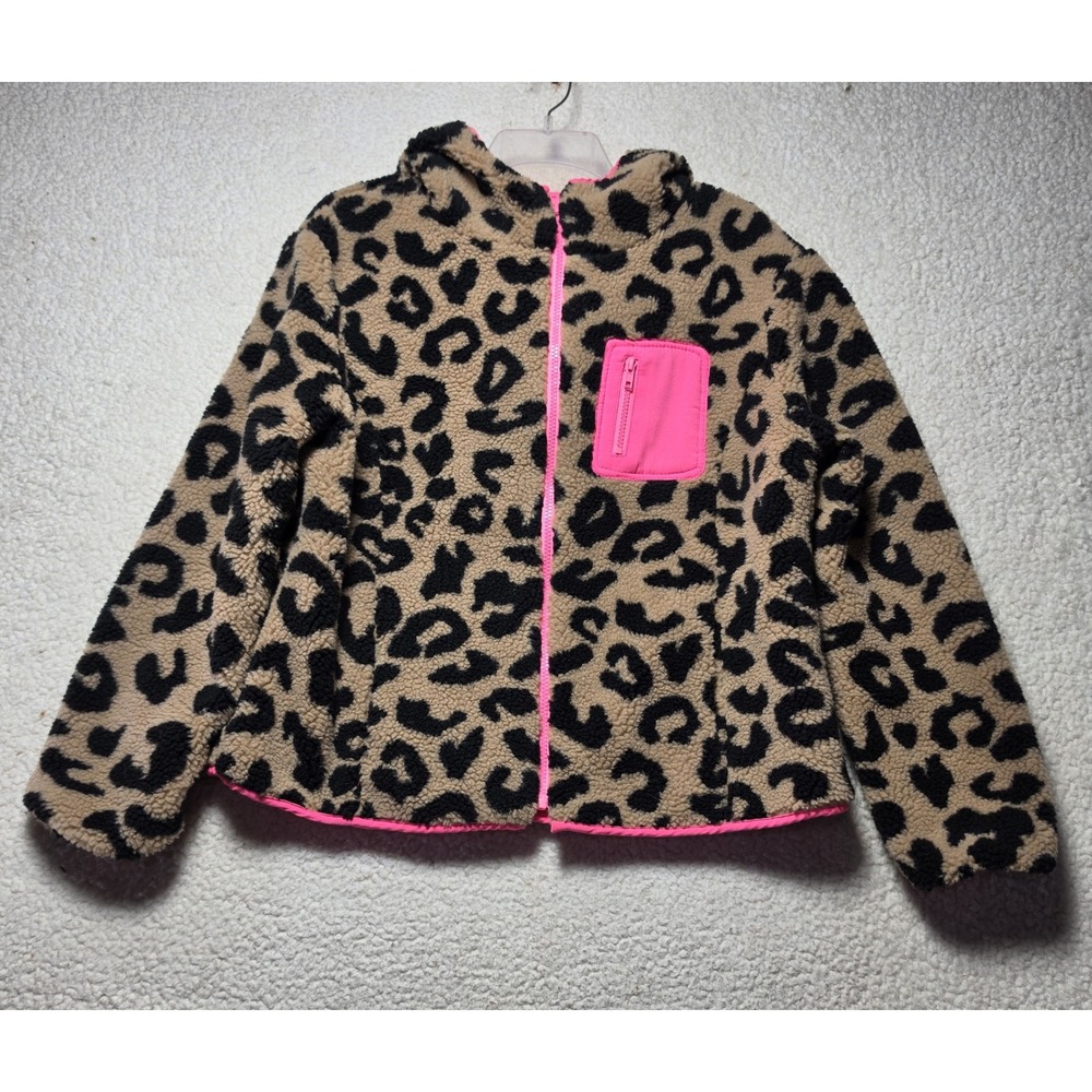 BiBi Leopard Print Sherpa Fleece Hooded Jacket Neon Pink Trim IP7001-02 Medium